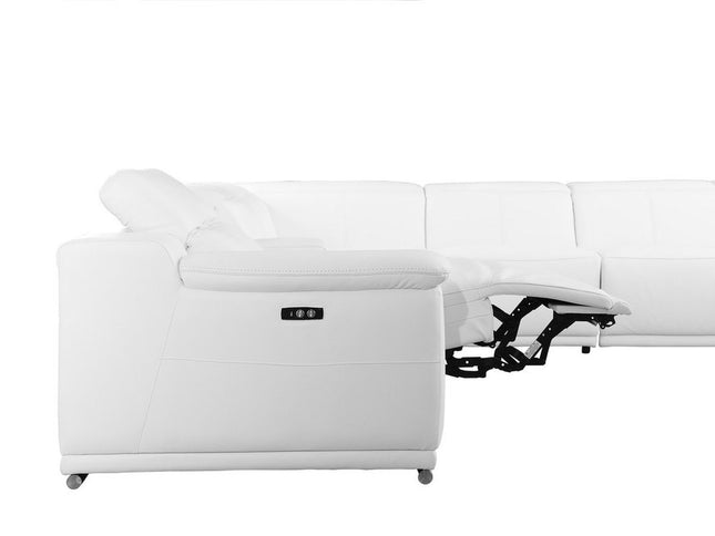 White Italian Leather Power Reclining U Shaped Eight Piece Corner Sectional With Console