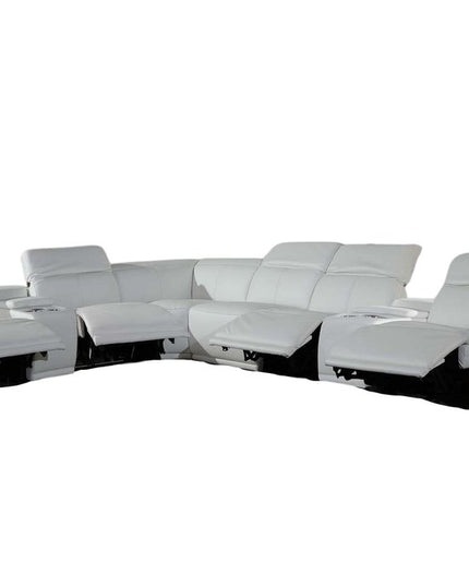 White Italian Leather Power Reclining U Shaped Eight Piece Corner Sectional With Console