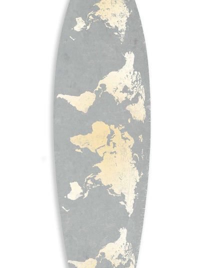 76" X 18" X 1" Grey And Gold World Map Surfboard Wall Art