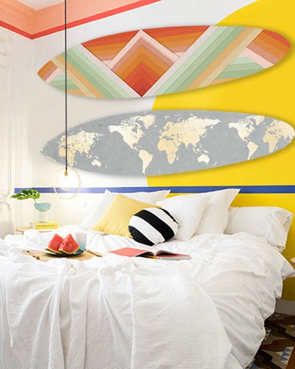 76" X 18" X 1" Grey And Gold World Map Surfboard Wall Art