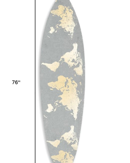 76" X 18" X 1" Grey And Gold World Map Surfboard Wall Art