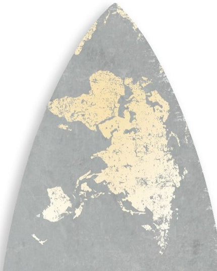 76" X 18" X 1" Grey And Gold World Map Surfboard Wall Art