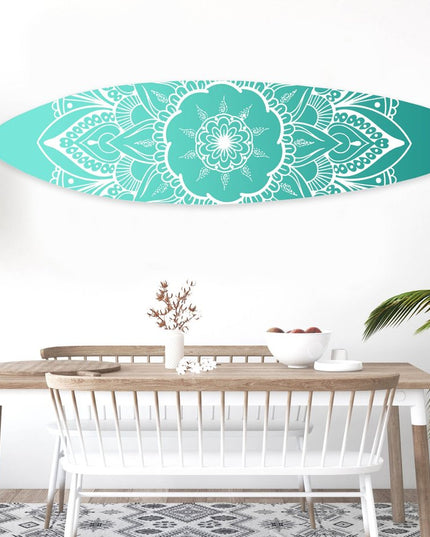 76" X 18" Blue and White Surfboard Floral Medallion Wood Wall Decor