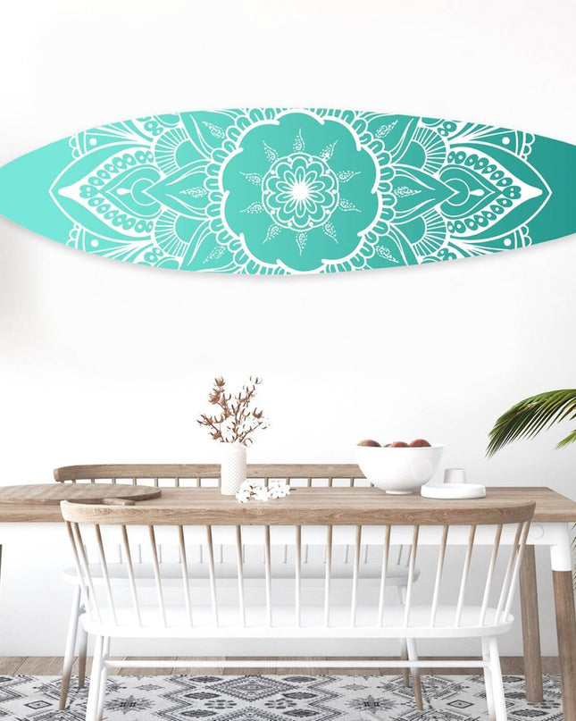76" X 18" Blue and White Surfboard Floral Medallion Wood Wall Decor