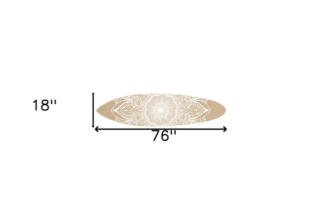 76" X 18" Tan and White Surfboard Floral Medallion Wood Hanging Dimensional Sculpture