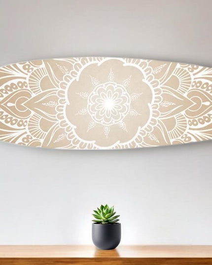 76" X 18" Tan and White Surfboard Floral Medallion Wood Hanging Dimensional Sculpture