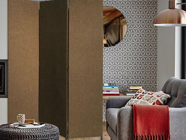 Brown Upholstered 3 Panel Room Divider Screen