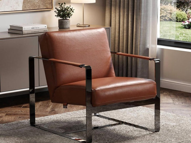 28" Camel And Black Genuine Leather Arm Chair