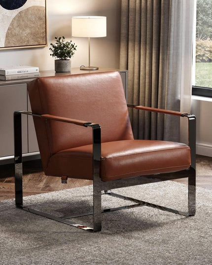 28" Camel And Black Genuine Leather Arm Chair