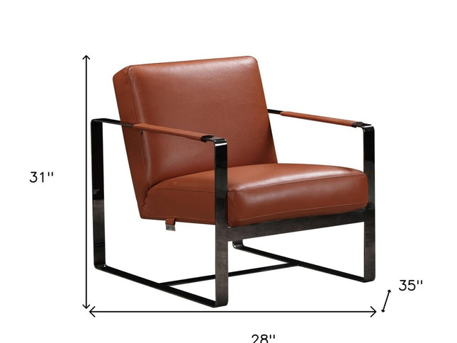 28" Camel And Black Genuine Leather Arm Chair
