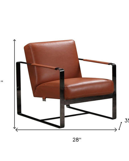 28" Camel And Black Genuine Leather Arm Chair