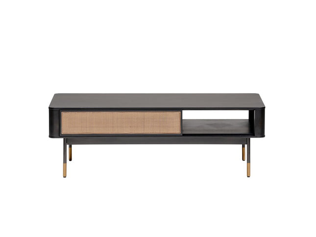 47" Black and Brown Solid Wood And Steel Coffee Table With Drawer And Shelf