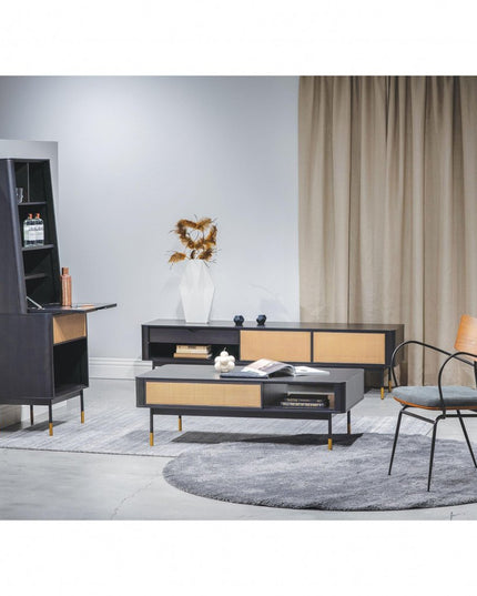 47" Black and Brown Solid Wood And Steel Coffee Table With Drawer And Shelf