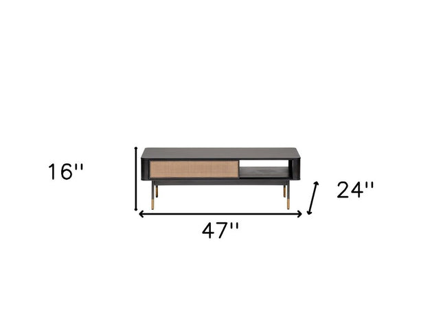 47" Black and Brown Solid Wood And Steel Coffee Table With Drawer And Shelf