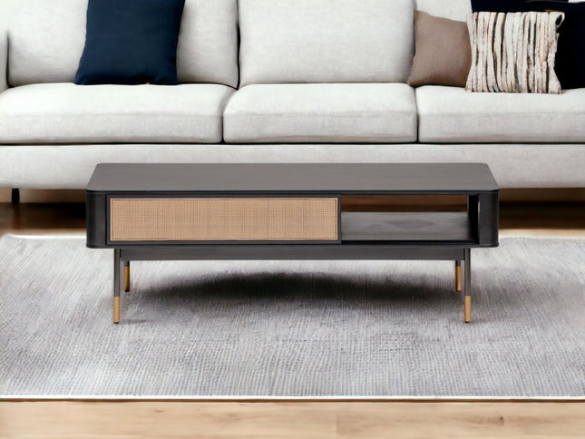 47" Black and Brown Solid Wood And Steel Coffee Table With Drawer And Shelf