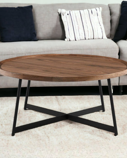 35" Brown and Black Wood And Metal Round Frame Coffee Table