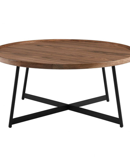 35" Brown and Black Wood And Metal Round Frame Coffee Table