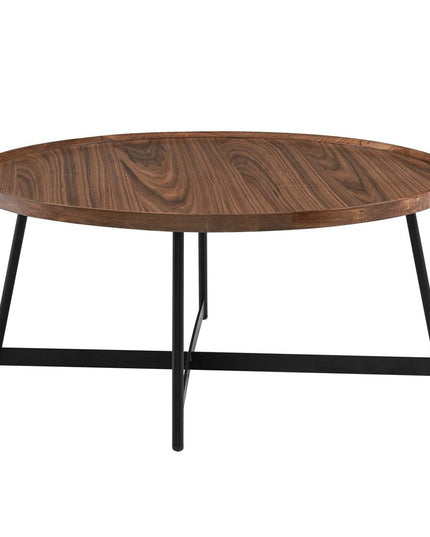 35" Brown and Black Wood And Metal Round Frame Coffee Table