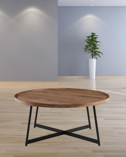 35" Brown and Black Wood And Metal Round Frame Coffee Table