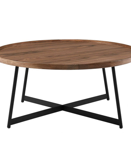 35" Brown and Black Wood And Metal Round Frame Coffee Table