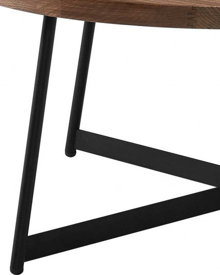 35" Brown and Black Wood And Metal Round Frame Coffee Table