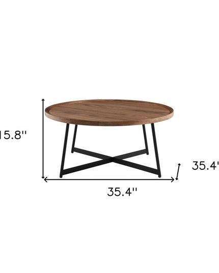 35" Brown and Black Wood And Metal Round Frame Coffee Table