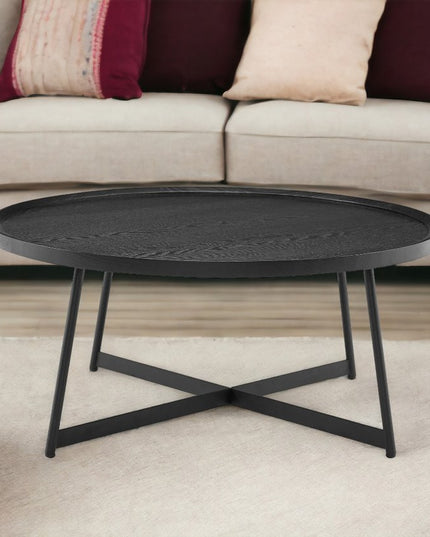 35" Black Wood And Metal Round Frame Coffee Table