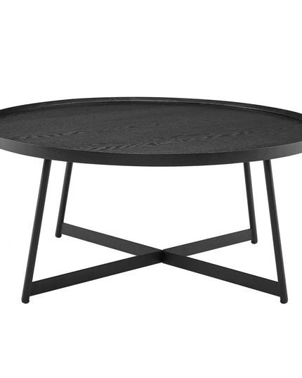 35" Black Wood And Metal Round Frame Coffee Table