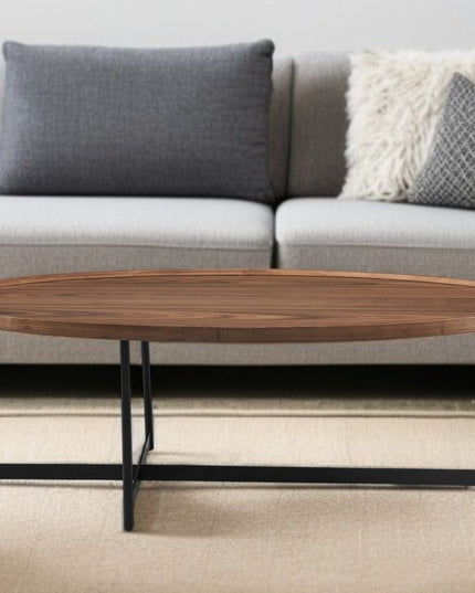 24" Brown and Black Wood And Metal Oval Frame Coffee Table
