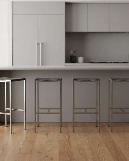 Set of Four 28" Brown and Silver Iron and Steel Backless Counter Height Bar Chairs