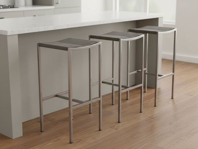 Set of Four 28" Brown and Silver Iron and Steel Backless Counter Height Bar Chairs