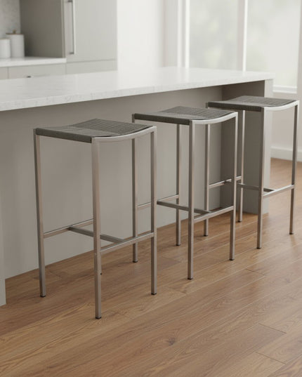 Set of Four 28" Brown and Silver Iron and Steel Backless Counter Height Bar Chairs