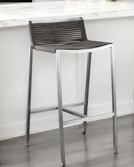 28" Brown And Silver Stainless Steel Low Back Bar Height Bar Chair