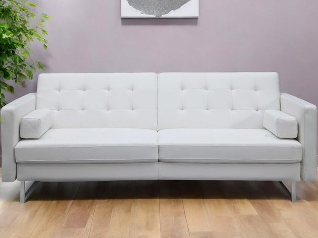80" White Faux Leather Sleeper Sofa With Silver Legs