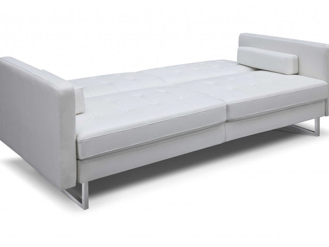 80" White Faux Leather Sleeper Sofa With Silver Legs