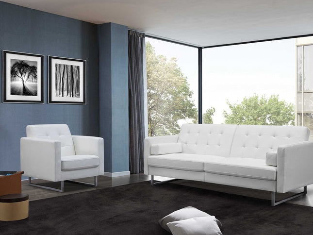80" White Faux Leather Sleeper Sofa With Silver Legs