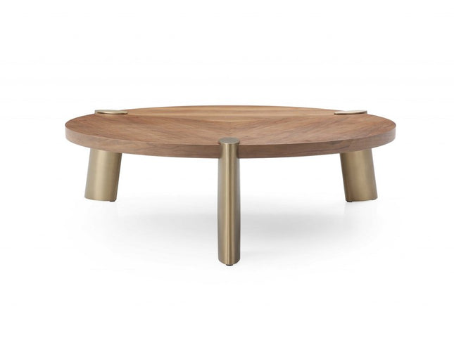 55" Brown and Gold Wood And Stainless Steel Round Coffee Table