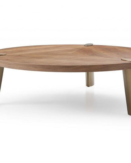 55" Brown and Gold Wood And Stainless Steel Round Coffee Table