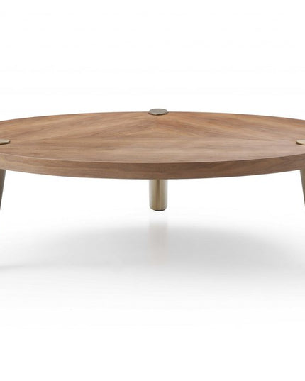 55" Brown and Gold Wood And Stainless Steel Round Coffee Table