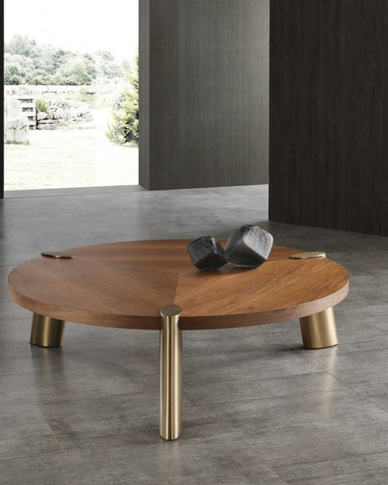 55" Brown and Gold Wood And Stainless Steel Round Coffee Table