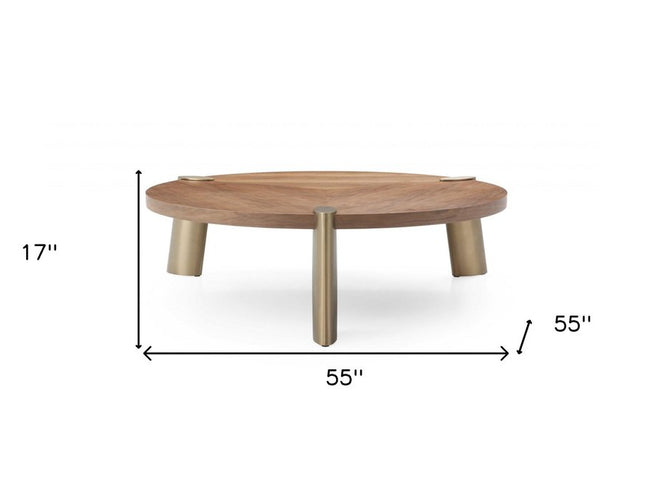 55" Brown and Gold Wood And Stainless Steel Round Coffee Table