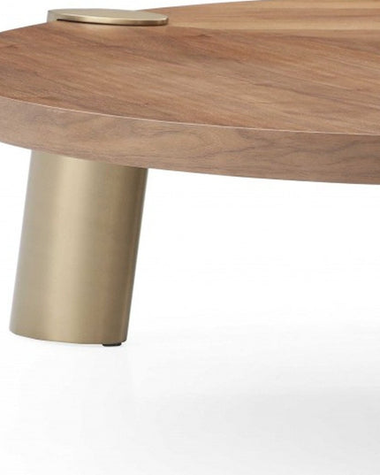 55" Brown and Gold Wood And Stainless Steel Round Coffee Table