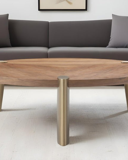 55" Brown and Gold Wood And Stainless Steel Round Coffee Table