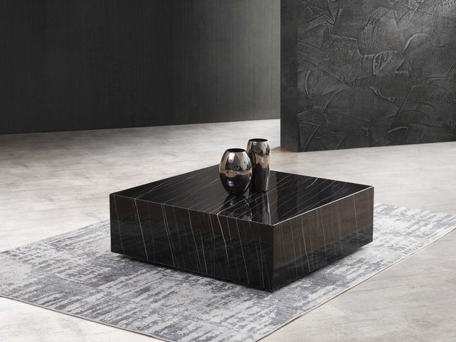 35" Black Genuine Marble And Brass Square Coffee Table