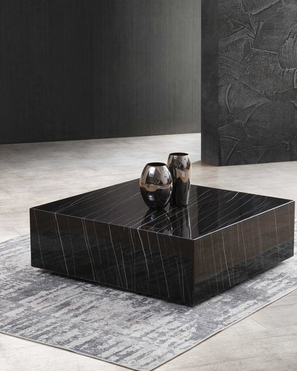 35" Black Genuine Marble And Brass Square Coffee Table
