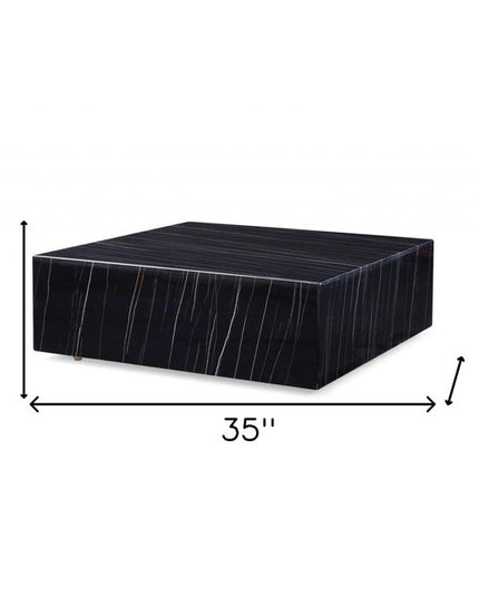 35" Black Genuine Marble And Brass Square Coffee Table