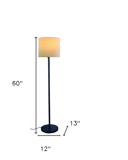 60" Black And White Floor Lamp With White Fabric Drum Shade