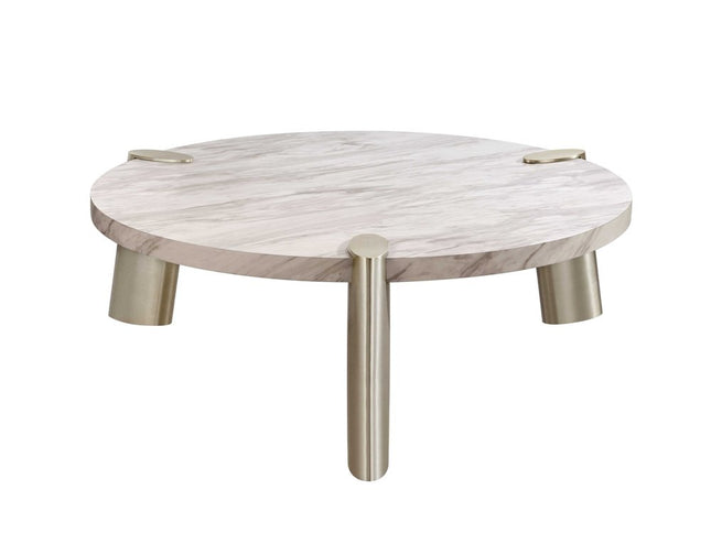 48" White and Silver Marble and Stainless Steel Round Coffee Table