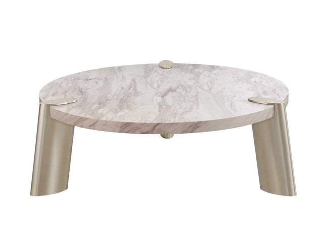 48" White and Silver Marble and Stainless Steel Round Coffee Table