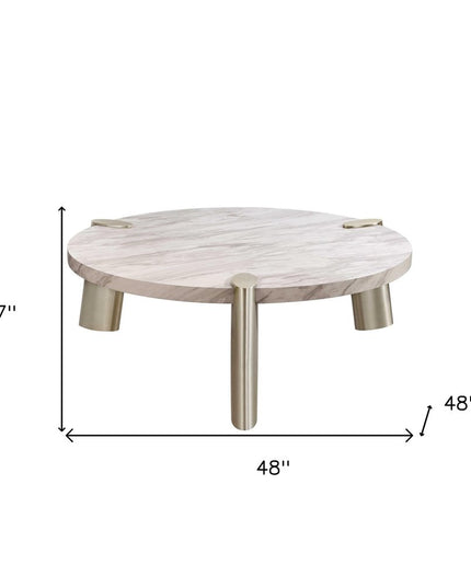 48" White and Silver Marble and Stainless Steel Round Coffee Table